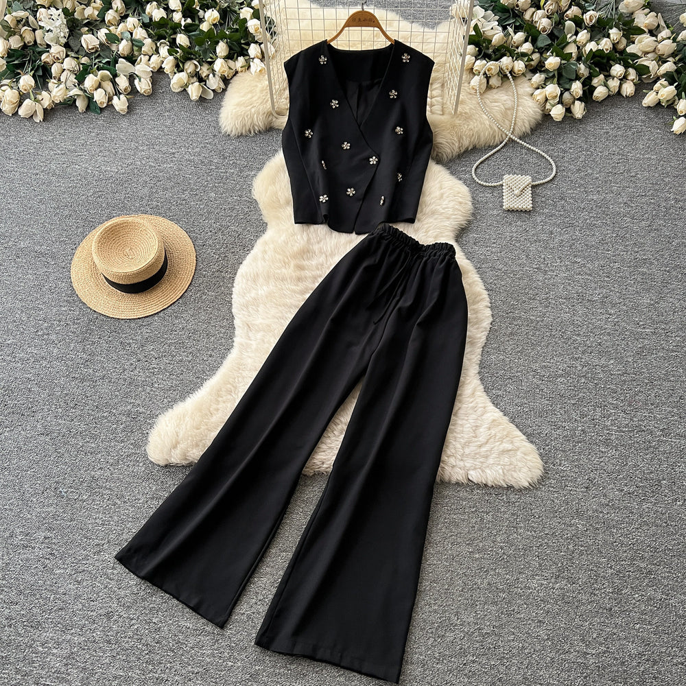 Lightly mature elegance style work clothingtwo-piece set female summerelegant beaded sleeveless vest loose pantsslimming lookfashionsuit