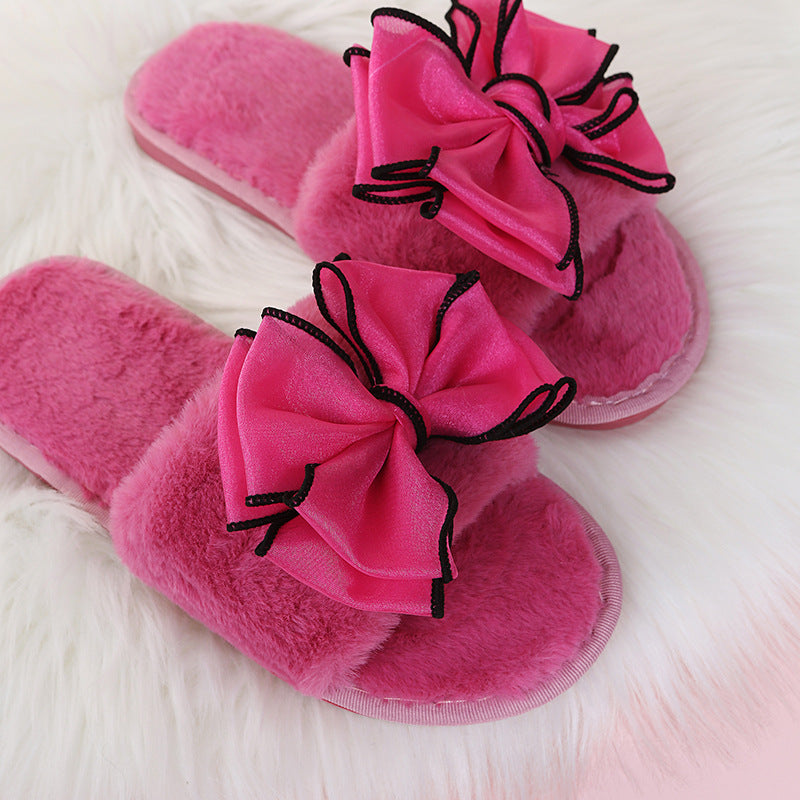 plus sizebows fur slippers for women autumn winter indoor and outdoor flats open toe summer air-conditioned slippers