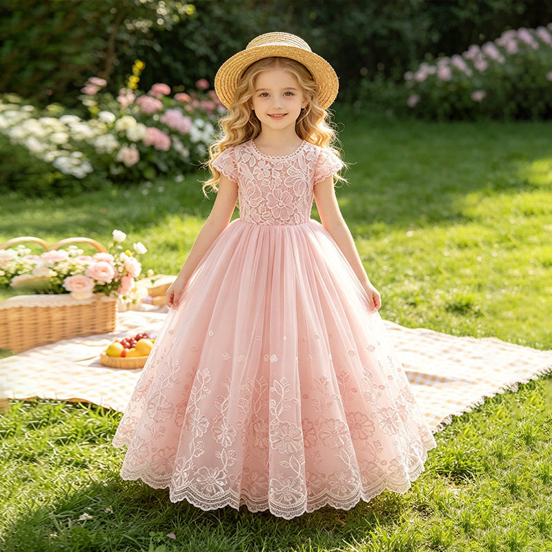Amazon kids lace patchwork dress flower girl wedding dress short sleeve girls princess dress cross-border ready stock wholesale