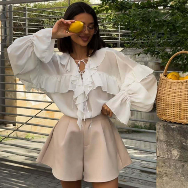 2025 autumn new elegant ruffle edge top  European and American women's temperament French horn sleeve V-neck shirt