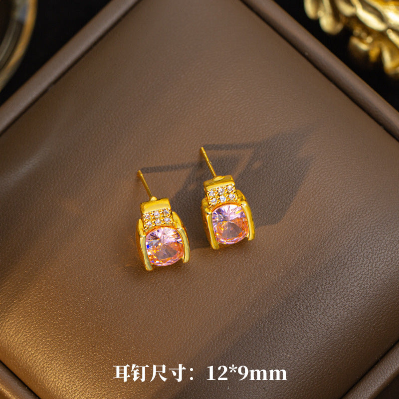 [set] new pink zircon titanium steel necklace women's earrings light luxury high-end light luxury earrings clavicle chain jewelry