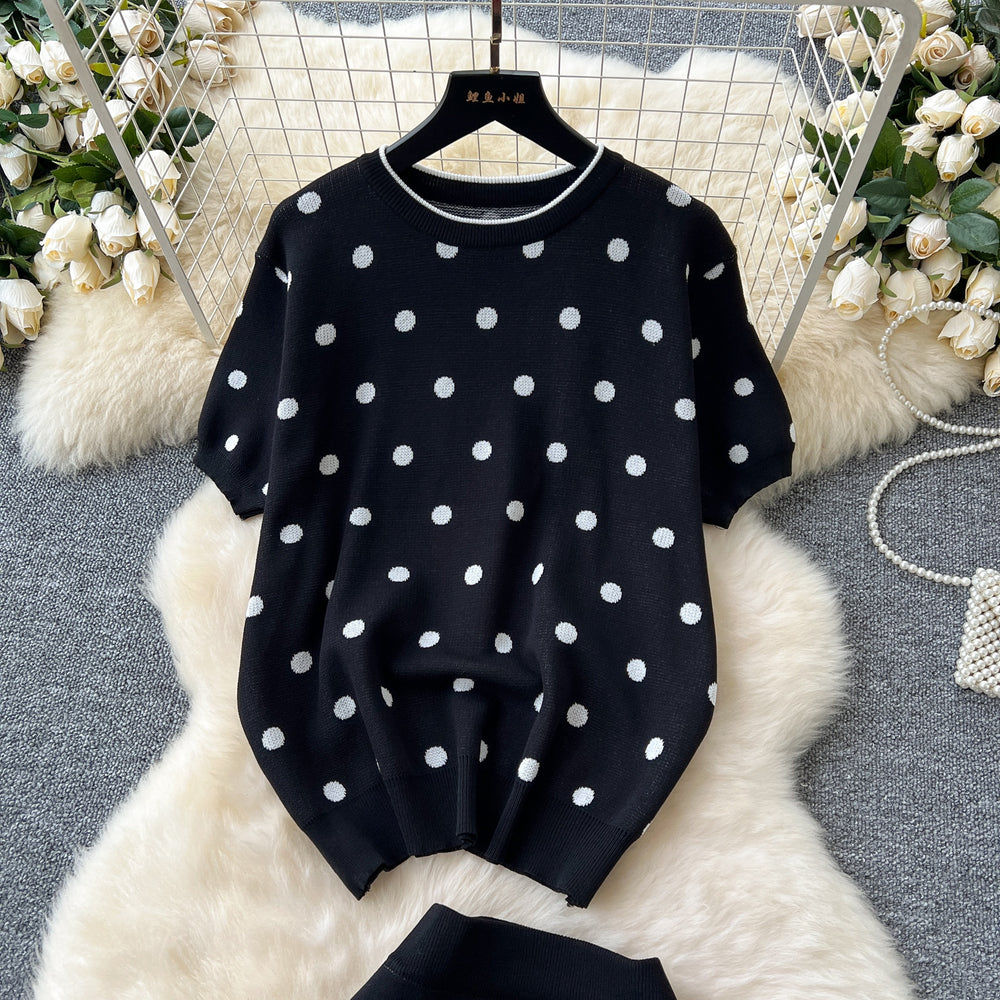 Knitted women's two-piece set:  new arrival, soft & chic style, round neck short sleeve polka dot top with high-waisted slim fit midi skirt