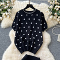 Knitted women's two-piece set:  new arrival, soft & chic style, round neck short sleeve polka dot top with high-waisted slim fit midi skirt