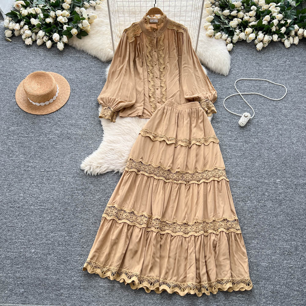 French court style two-piece set: women's high-end hollow-out lace patchwork lantern sleeve blouse and high-waisted flared midi skirt