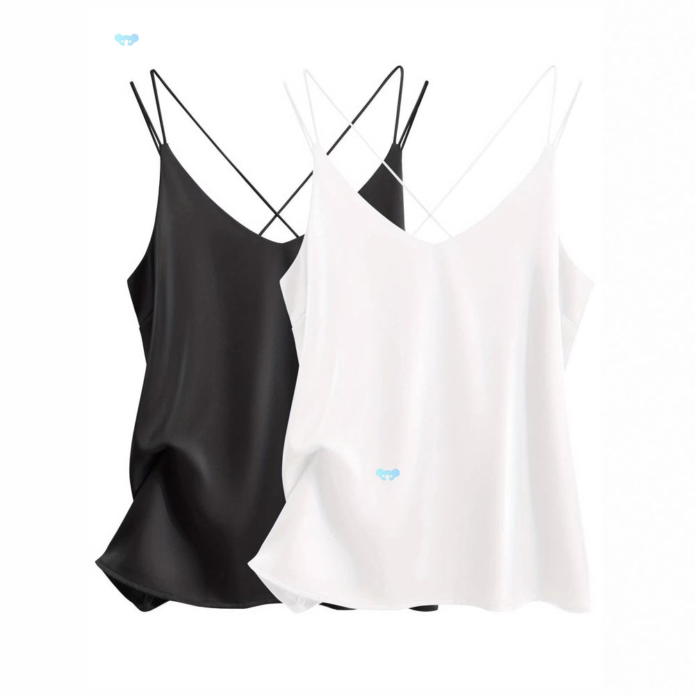 2 pack women's satin camisole v neck cross back sleeves