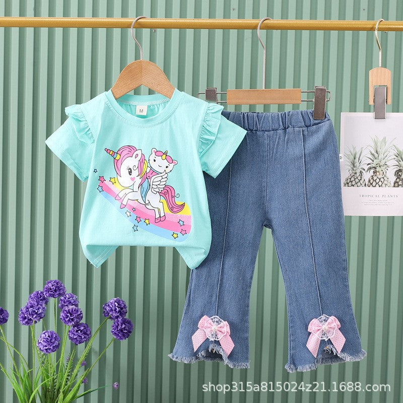New girls' summer outfit: cartoon cute pattern short-sleeve top + bowknot denim shorts two-piece set - wholesale