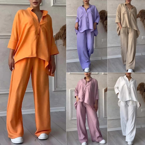 2024 summer new   women 2-piece set large size fashion shirt set high waist loose trousers