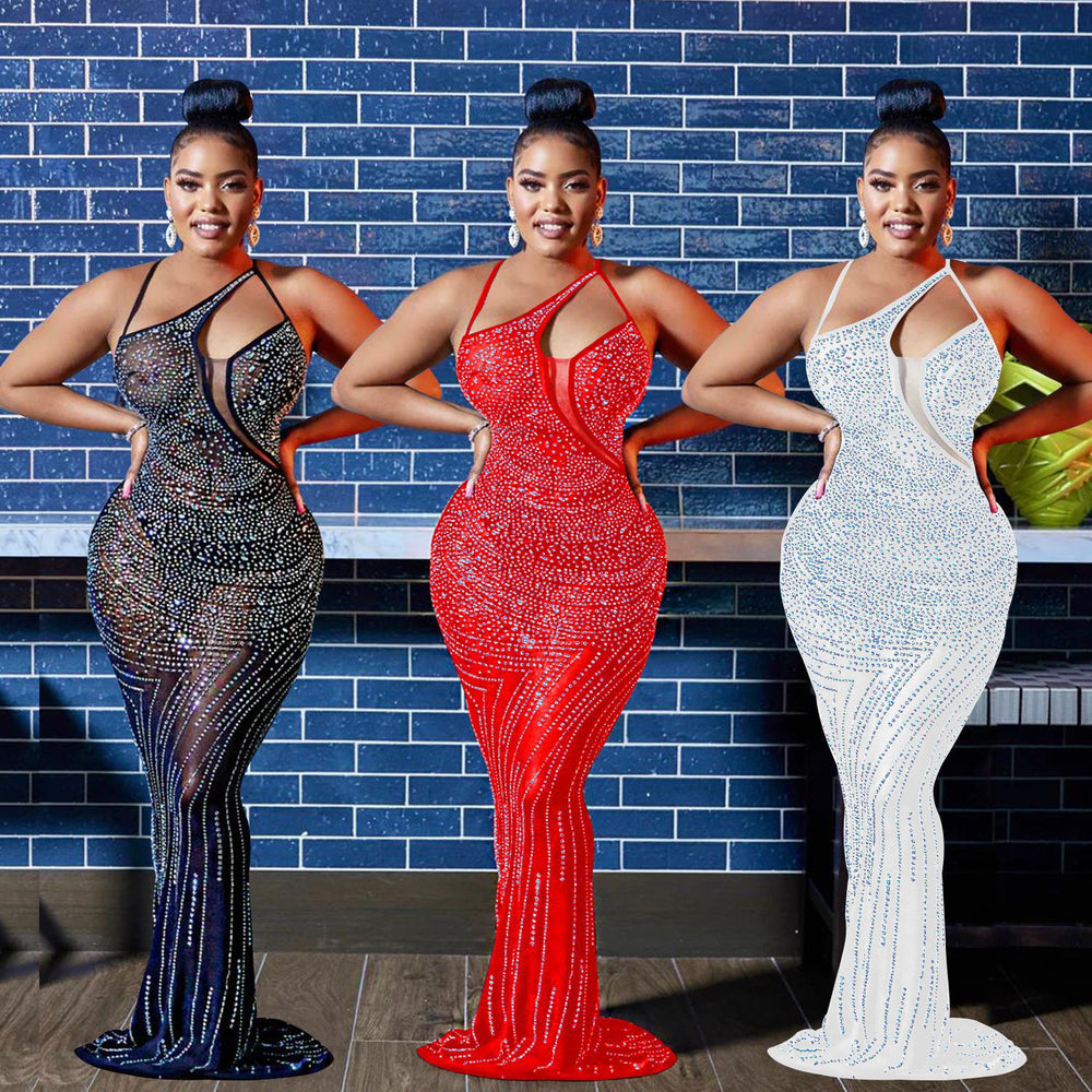 C6075 cross-border   fashion women's mesh rhinestone sleeveless v-neck maxi dress
