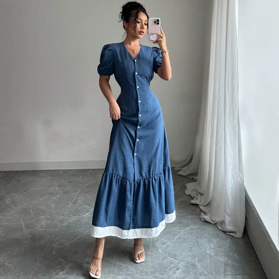 European and american   summer gentle first love style slim fit button-down waist-defining lace-trimmed maxi dress