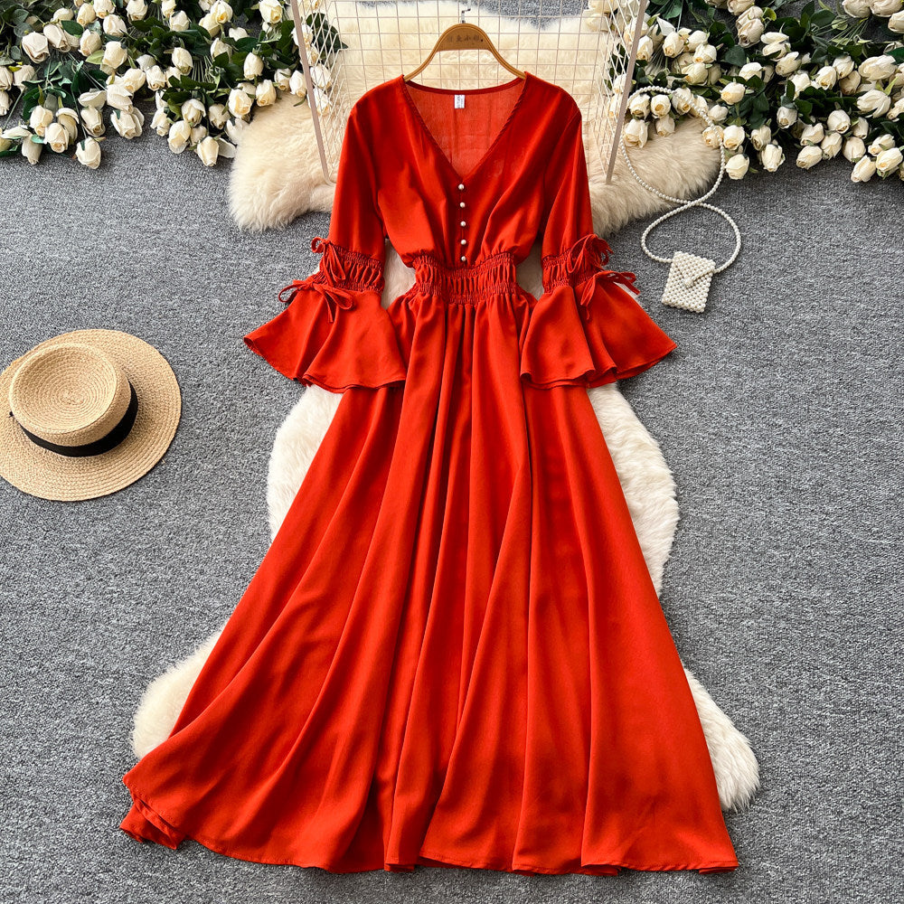 Vintage chic lantern sleeve v-neck tie-up dress - spring korean style women's red slimming waist elegant maxi dress