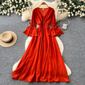 Vintage chic lantern sleeve v-neck tie-up dress - spring korean style women's red slimming waist elegant maxi dress