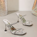 Influencer-style thong sandals for women, 2025 summer new collection, chunky heel rhinestone ankle strap high heel sandals, outdoor fashion footwear