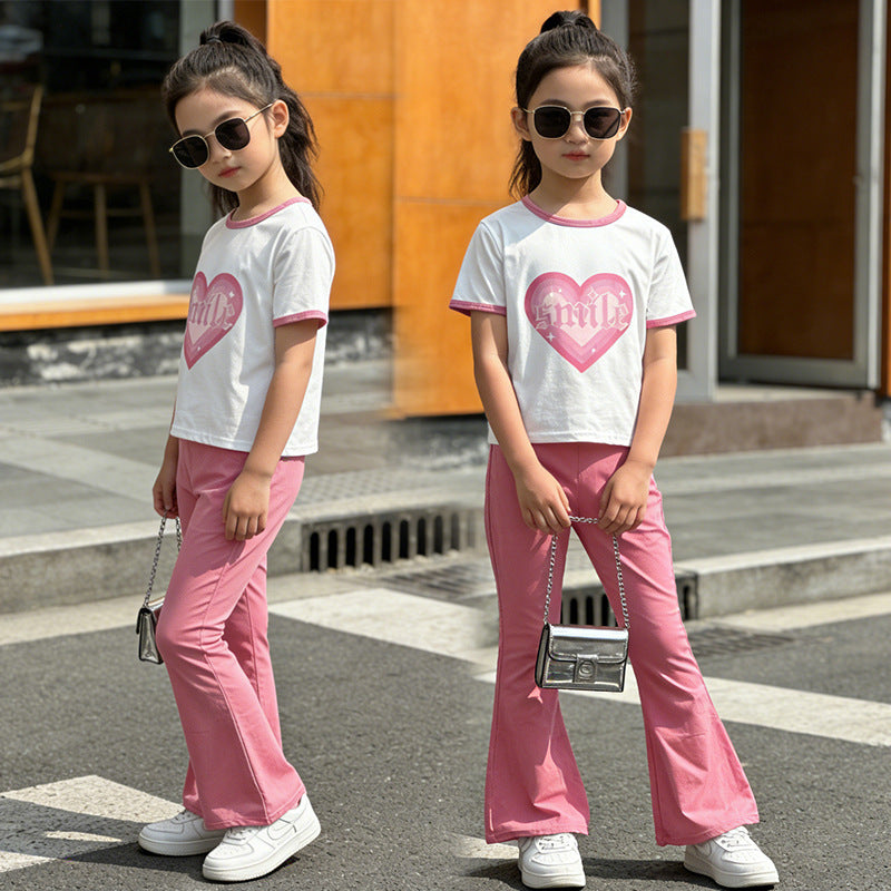 new girls' heart print short sleeve two-piece set - stylish and versatile middle school flare pant girl's outfit - chic and trendy