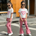 new girls' heart print short sleeve two-piece set - stylish and versatile middle school flare pant girl's outfit - chic and trendy