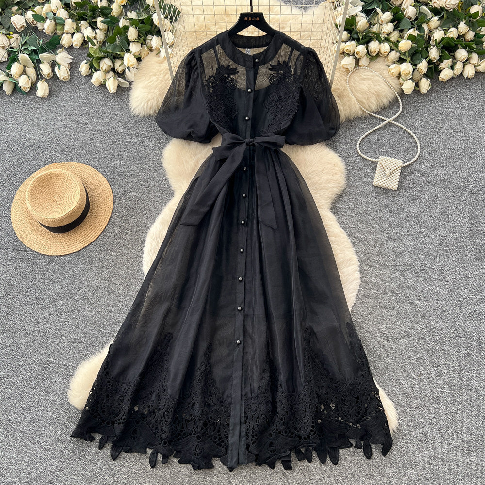 French romantic puff sleeve lace dress - women's summer tie-waist, breathable, figure-flattering a-line maxi dress - elegant style