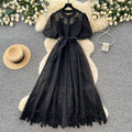 French romantic puff sleeve lace dress - women's summer tie-waist, breathable, figure-flattering a-line maxi dress - elegant style