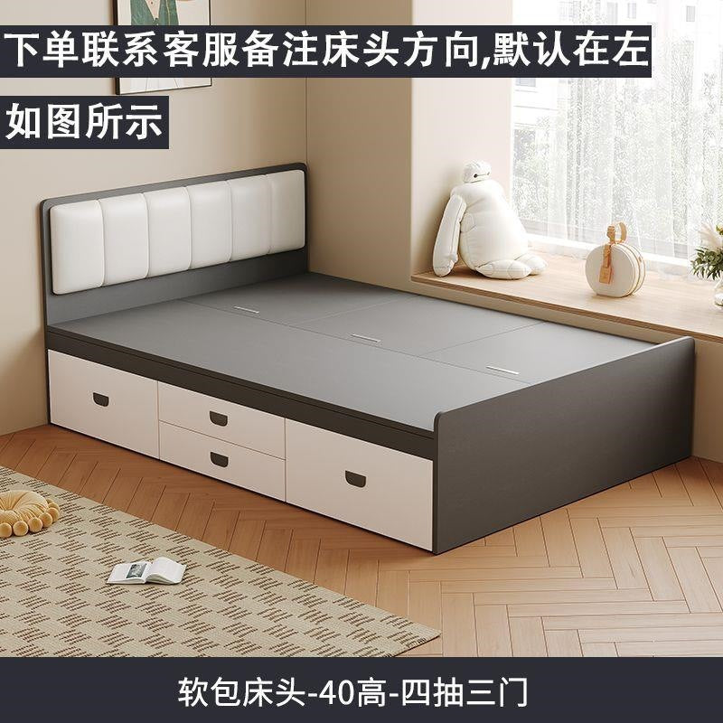 Solid wood bed tatami box storage bed soft back double bed kids bed bedroom for home without bedside bed high box
