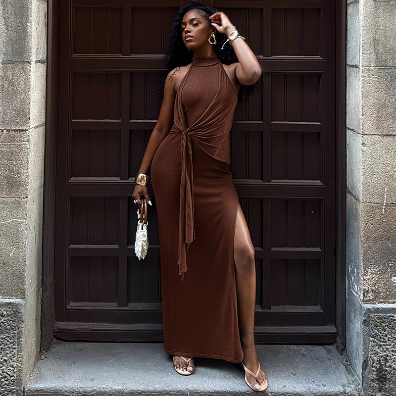 Fashion style pure color silm women's backless sexy street hip skirt slit hanging collar sleeveless strap long dress