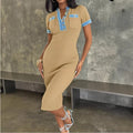 French chic color block metallic buckle crew neck long sleeve knit dress - women's sweater maxi dress