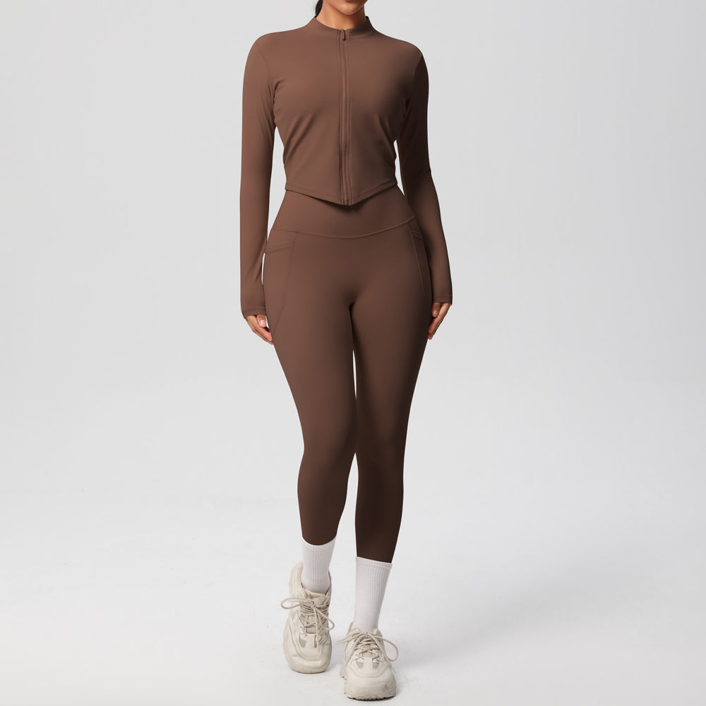 nude double-sided brushed tight long sleeves yoga suit outdoor running slimming look fitness pants sports suit women
