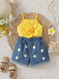 cross-border girls' country style 3d floral camisole top + embroidered denim shorts set