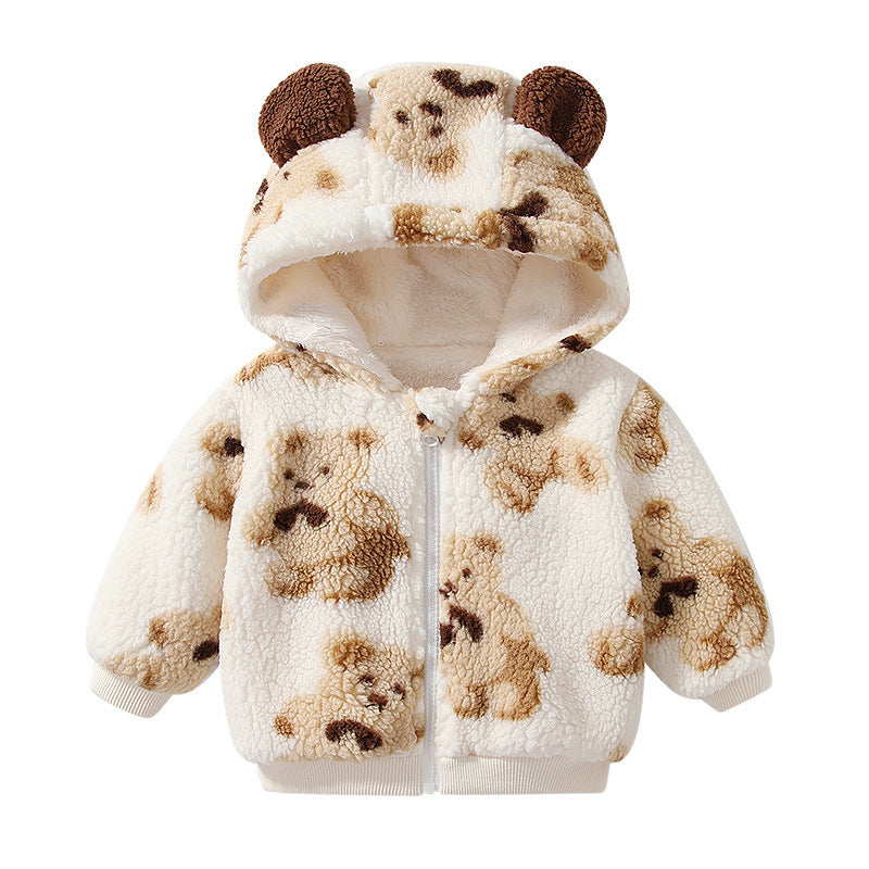 Kids' fleece-lined thickened outerwear, baby warm outdoor clothes,  autumn/winter cartoon bear hooded baby clothing