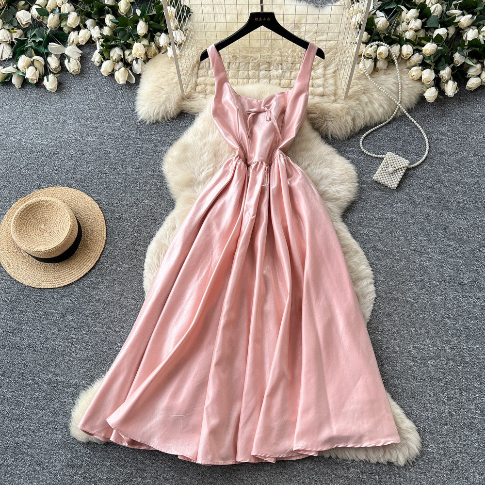 fashionexport suspender dress for women summer waist-cinching casual long skirt pure color suspender banquet dress
