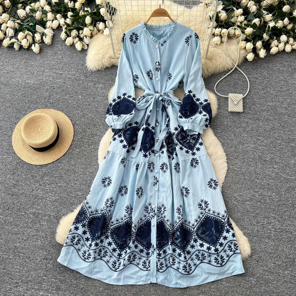 Lightly mature elegance style lantern sleeve printingdress women's springlong sleeves waist tie backa-line mid-length skirt holiday style