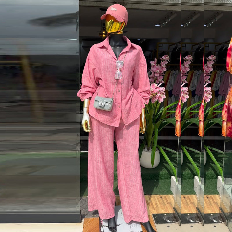 European and american style women's clothing  autumn new collection: sweet and fresh striped turn-down collar long-sleeve shirt and high-waisted straight-leg pants two-piece set