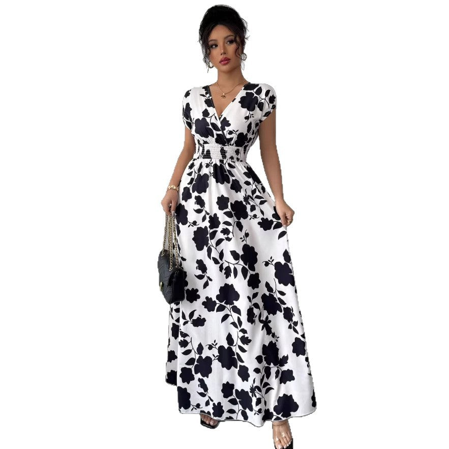 european and american new arrival cross-border french v-neck printed dress