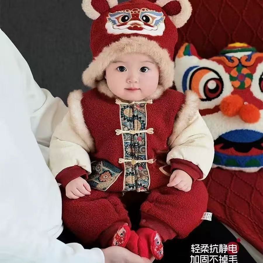 Winter toddler baby festive new year outfit - thickened onesie, warm fleece romper for chinese new year celebrations