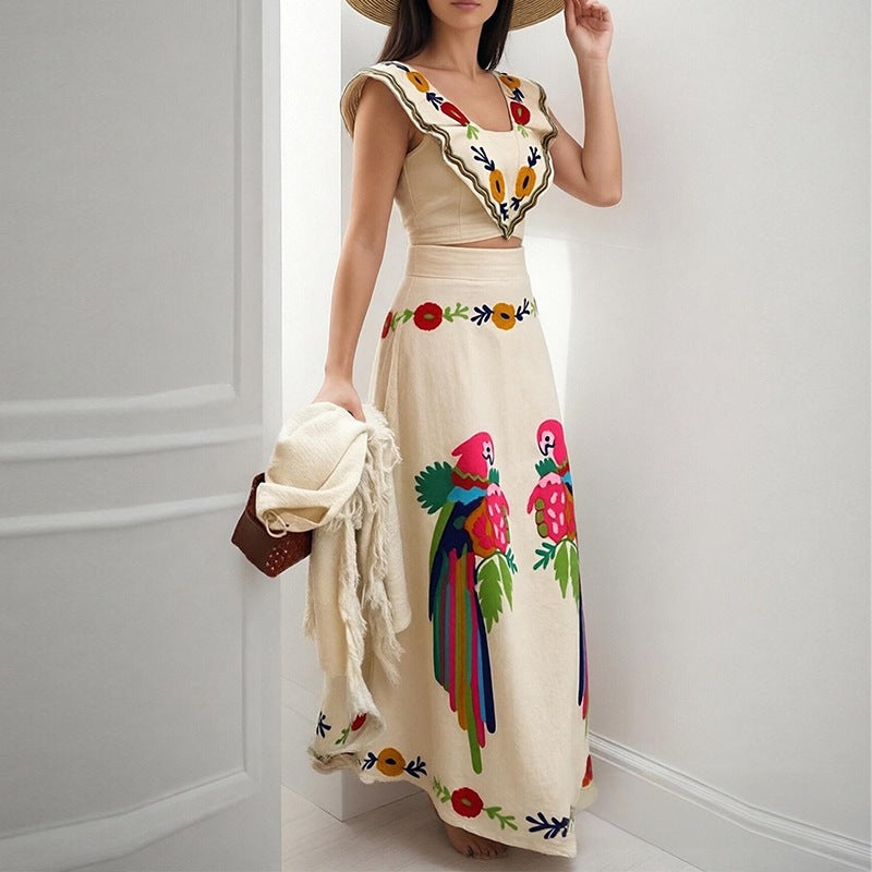 cross-border e-commerce european and american women's clothing: new summer collection - printed ruffle-trimmed top and midi skirt two-piece set
