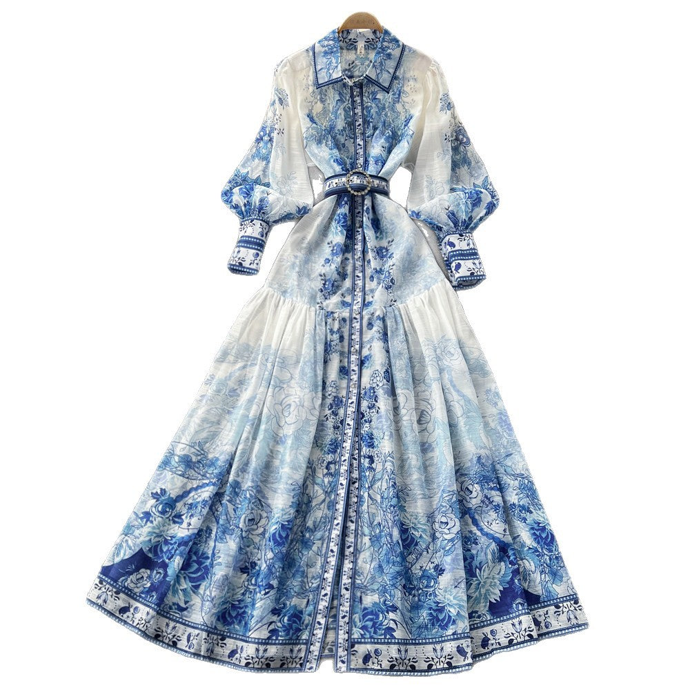 Vintage court style blue and white porcelain print dress - women's spring long sleeve slimming a-line maxi dress - elegant and chic