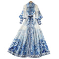 Vintage court style blue and white porcelain print dress - women's spring long sleeve slimming a-line maxi dress - elegant and chic