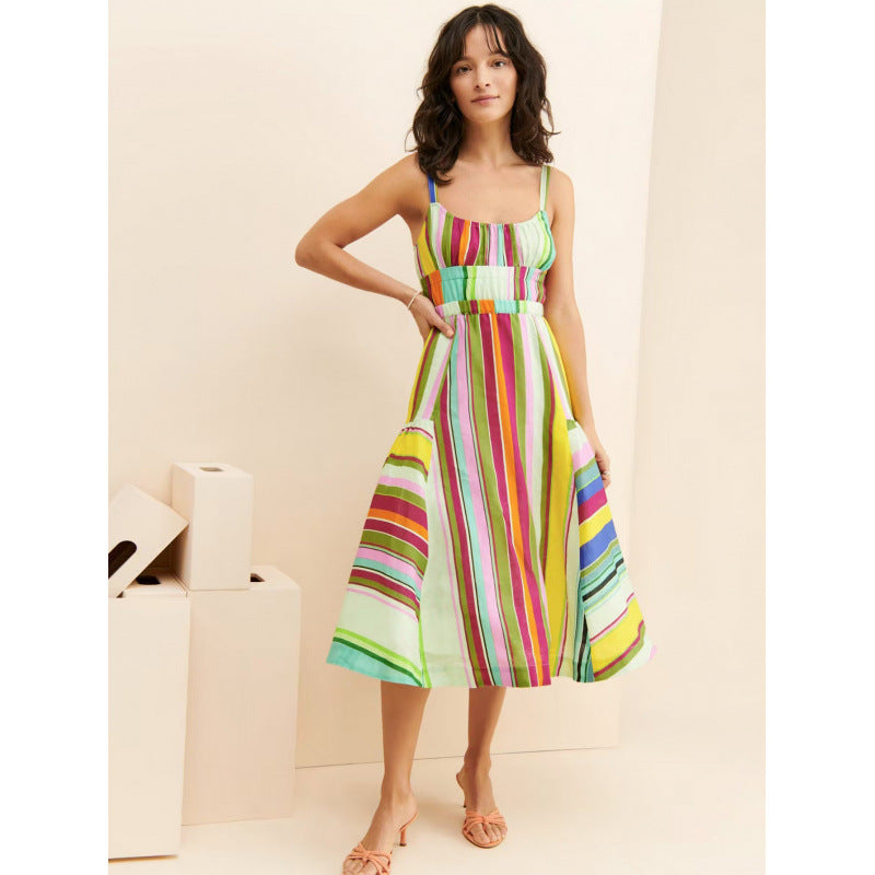colorful stripes suspender dress bohemia vacation back cut out tassel strap flap pocket pants large swing skirt