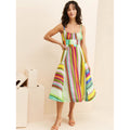colorful stripes suspender dress bohemia vacation back cut out tassel strap flap pocket pants large swing skirt
