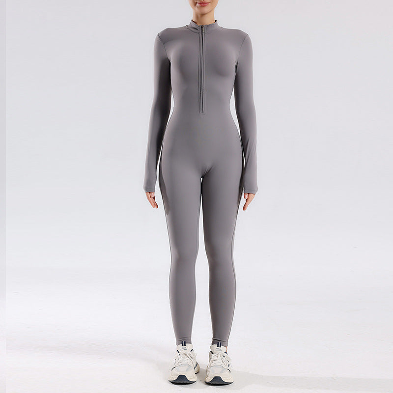 One-piece nude zipper stand-up collar slim-fitting long-sleeved one-piece yoga suit women's running fitness sports full-body onesie