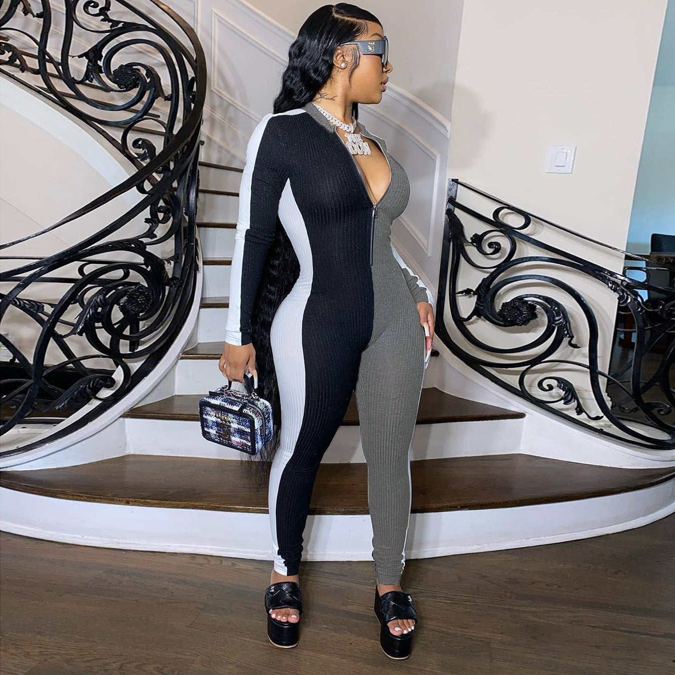 S3871 European and American women's clothing wholesale sexy slim zipper splicing jumpsuit women's pencil pants