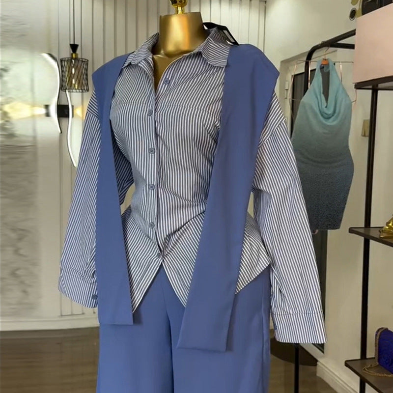 European and american cross-border women's fashion  autumn new design: striped long-sleeve shirt with turn-down collar and wide-leg pants set