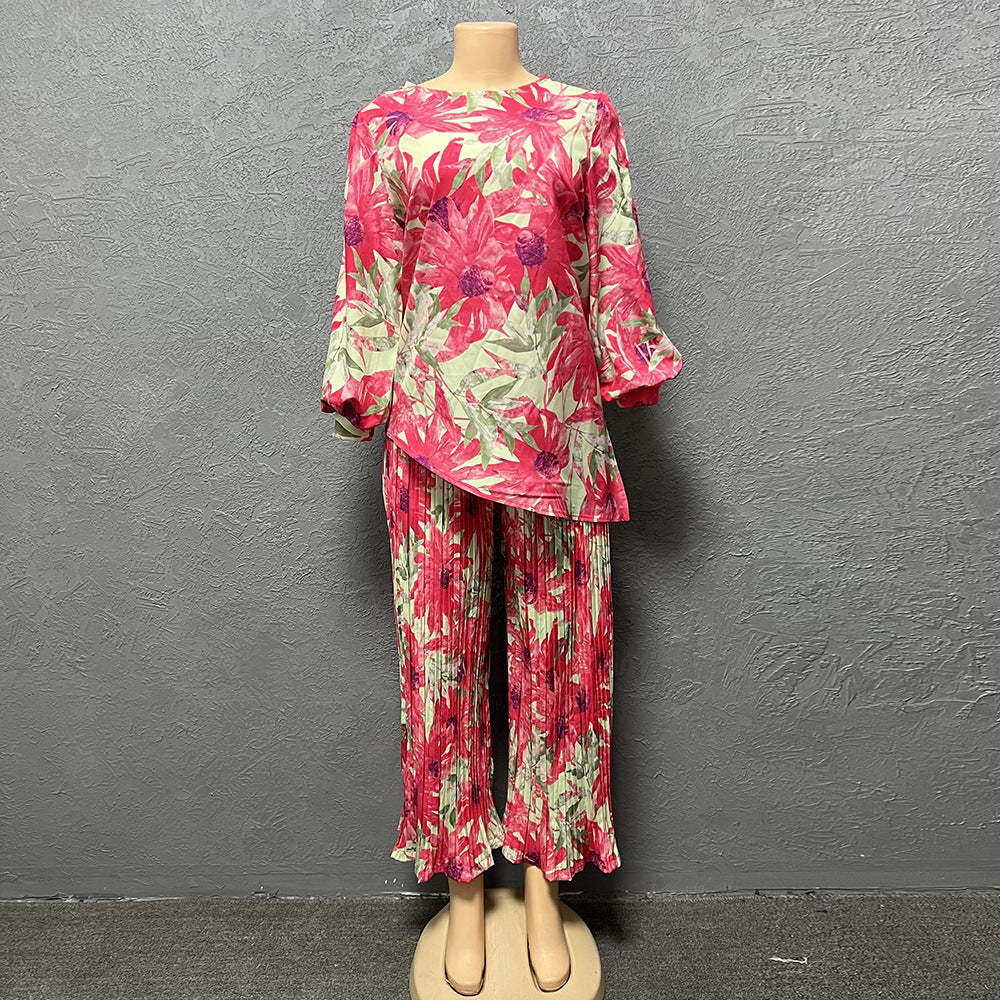 Special offer: digital print, comfortable & breathable crew neck, lantern sleeve, mid-sleeve, african fashion women's pleated pants