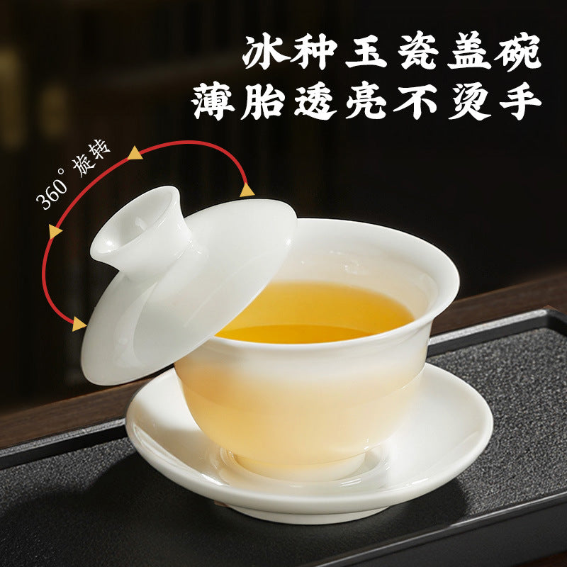 Ice jade porcelain covered bowl can hover kung fu tea set suit sancai covered bowl mutton fat jade tea cup tea bowl tea cup