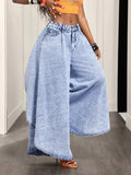 Fashionjeans women's high waist snowflake washed pleated wide leg pants light blue distressed loosedrapedmoppants
