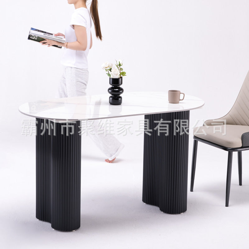 Modern minimalist rock slab dining table - new vintage-style home dining table with beautiful peanut leg design