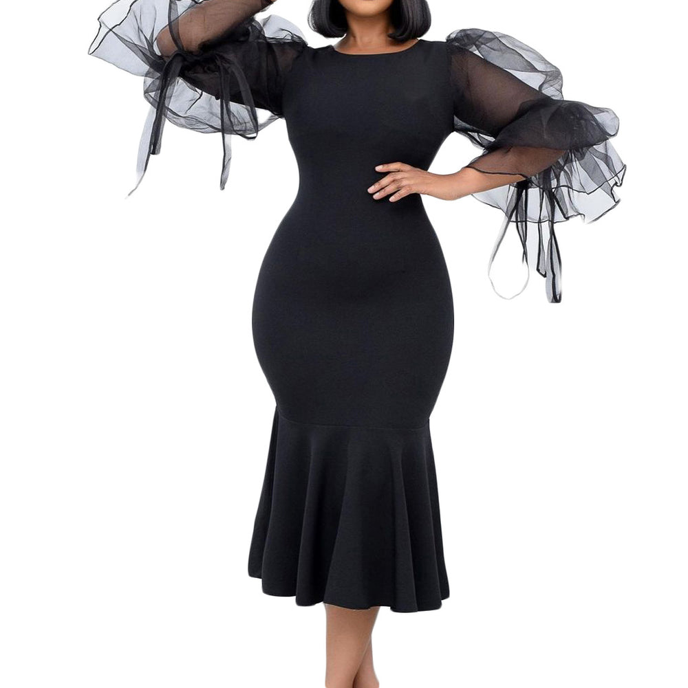 D172  independent station mesh splicing fishtail dress european and american fashion large size hip-covering cross-border dress