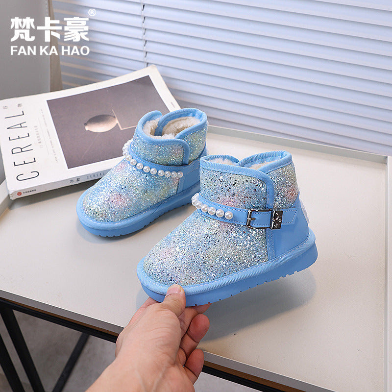 Vancahao girls' fashion sequin & beaded princess snow boots - new  winter collection, fleece-lined and extra thick kids' cotton shoes