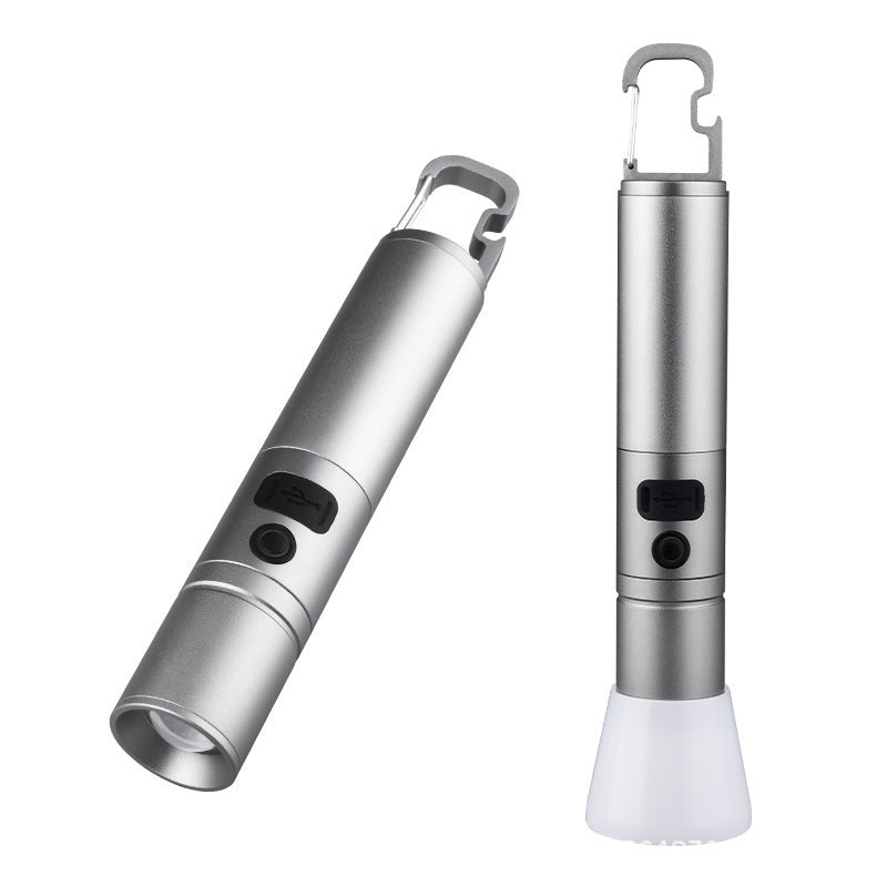Cross-border new LED strong light zoom searchlight multi-function, outdoor lighting hook bottle opener charging flashlight