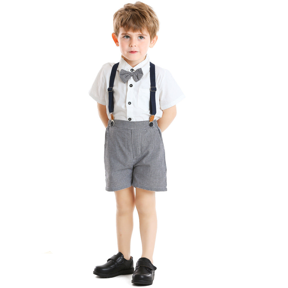 Summer kids' new european and american gentleman short-sleeve shirt set, children's suspender shorts two-piece outfit, first birthday dress