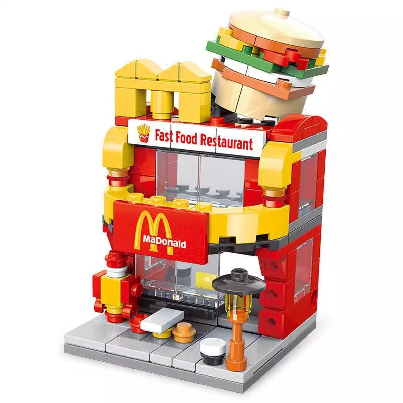 Street view city building blocks mini fast food beverage commercial street compatible with lego boys and girls educational assemble toy gift