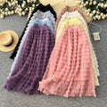 Fairy style high waist mesh patchwork cake skirt for women spring layered fluffy skirt slimming lookeasiest for matcha-line long skirt