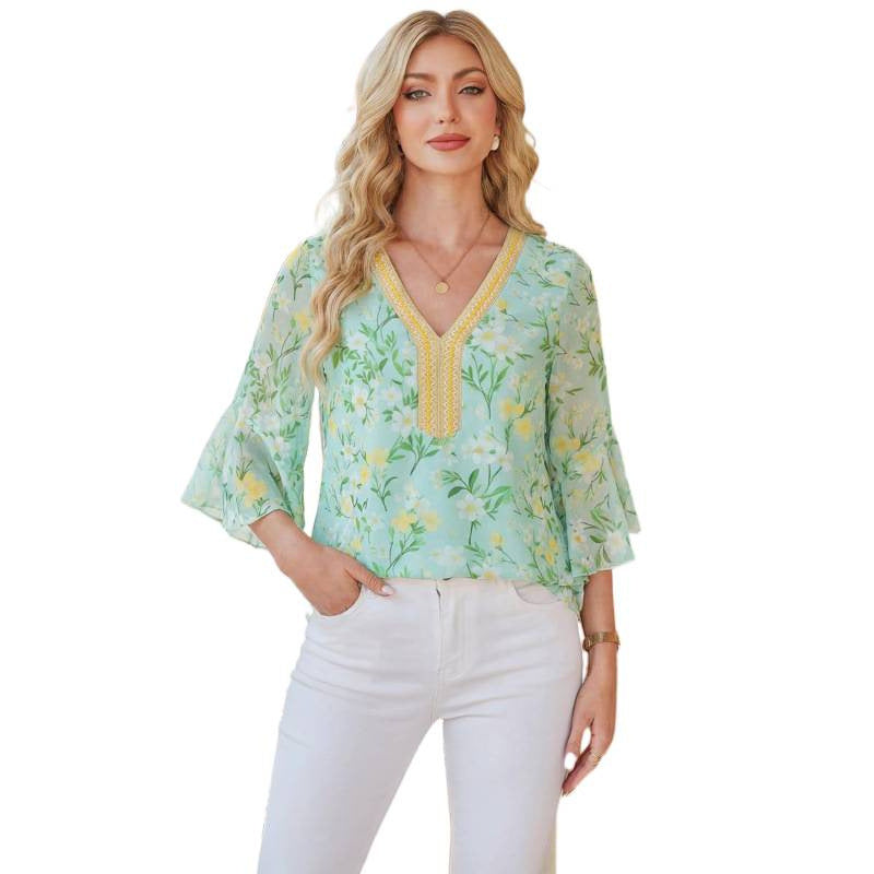 Amazon fashioneleganteleganceflowershirt women's  summer new ruffles sleeve v necktops